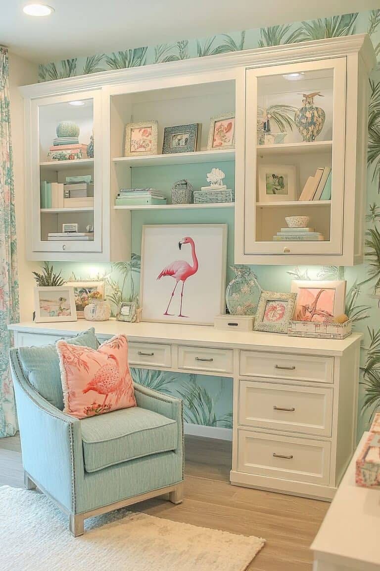 Tropical home office with flamingo art, palm wallpaper and built-in shelving
